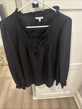 Maurices Black Pintuck Tie-Neck Peasant Blouse